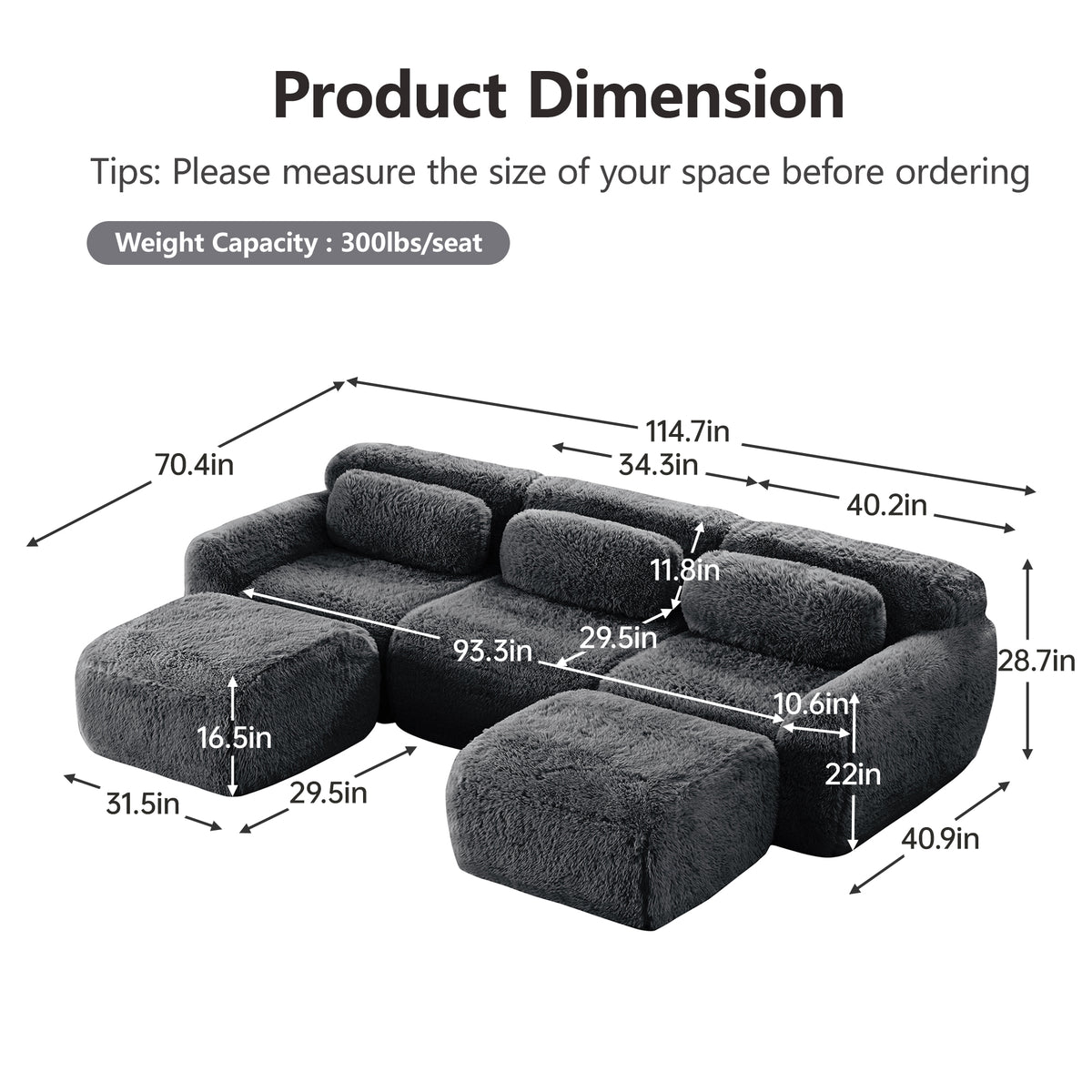 2-4 Seat Soft  Fluffy Plush Boneless Sofa – Modular Sectional with Throw Pillows, 32D High-Density Sponge, No Assembly, Anti-Slip Buckle Connection