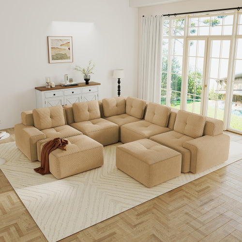Modular Sectional Sofa for Living Room, Corduroy Fabric Deep Seat and Movable Ottoman, Pearl-like piping, Tufted Design, No Assembly