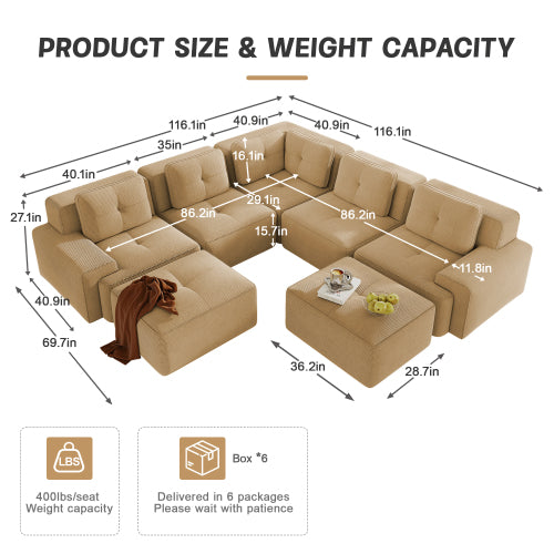 Modular Sectional Sofa for Living Room, Corduroy Fabric Deep Seat and Movable Ottoman, Pearl-like piping, Tufted Design, No Assembly