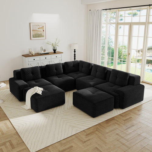 Modular Sectional Sofa for Living Room, Corduroy Fabric Deep Seat and Movable Ottoman, Pearl-like piping, Tufted Design, No Assembly