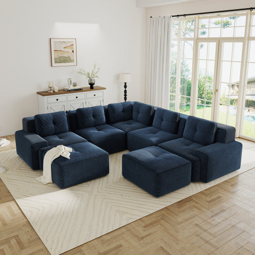 Modular Sectional Sofa for Living Room, Corduroy Fabric Deep Seat and Movable Ottoman, Pearl-like piping, Tufted Design, No Assembly