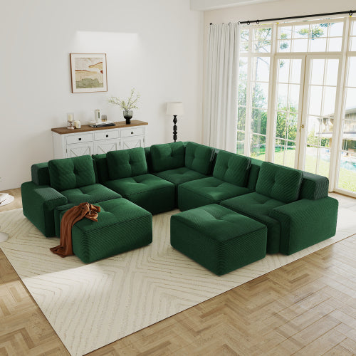Modular Sectional Sofa for Living Room, Corduroy Fabric Deep Seat and Movable Ottoman, Pearl-like piping, Tufted Design, No Assembly