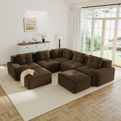 Modular Sectional Sofa for Living Room, Corduroy Fabric Deep Seat and Movable Ottoman, Pearl-like piping, Tufted Design, No Assembly