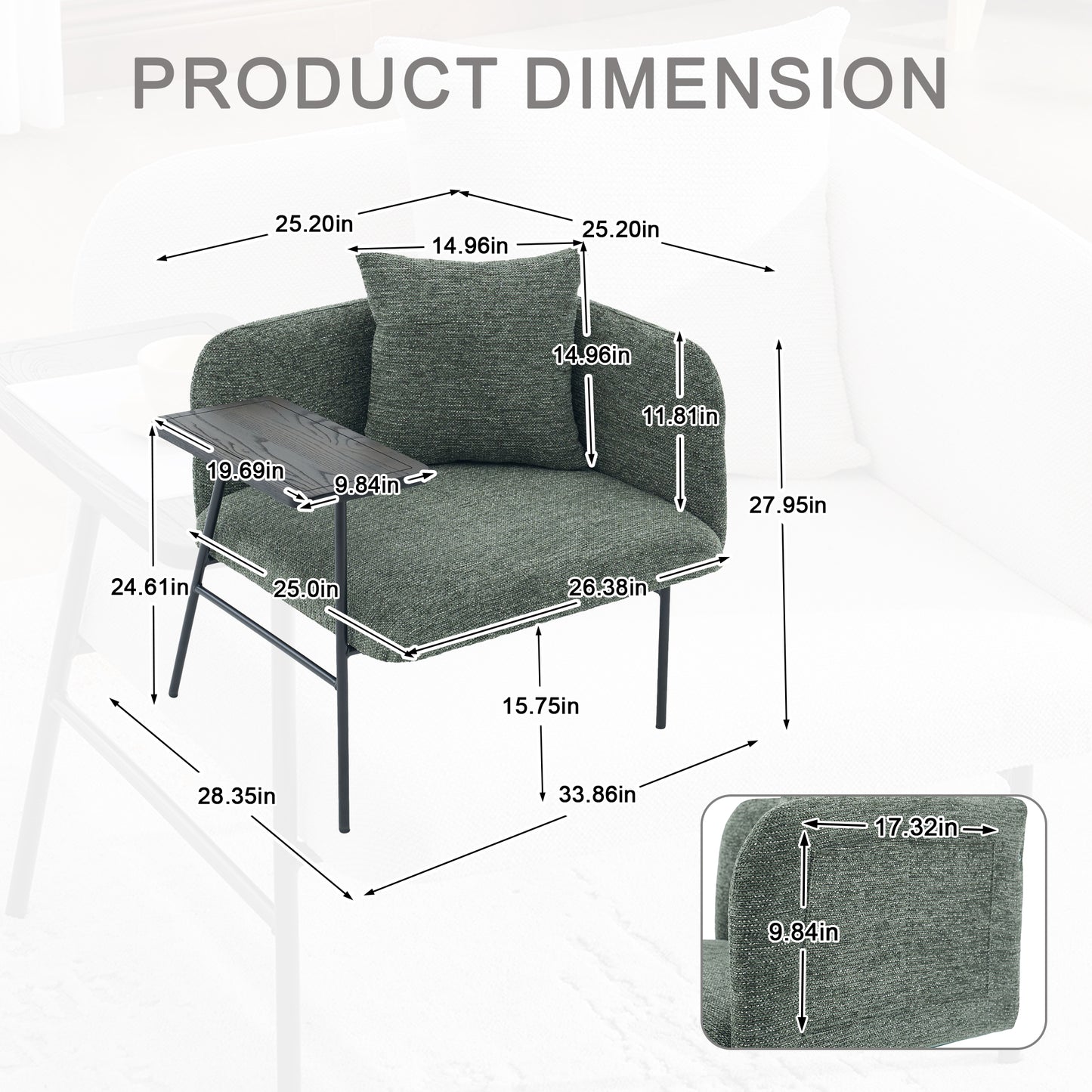 Lounge Relaxing Chair with Small Table and Back Pillow | Modern Upholstered Chair, Metal Legs, Side Pockets – 6 Colors