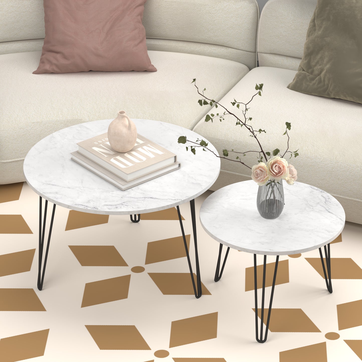 2 - Piece 27.56'' Round Nesting Coffee Table Set: Wooden Top, Sturdy Metal Base for Living & Bedroom