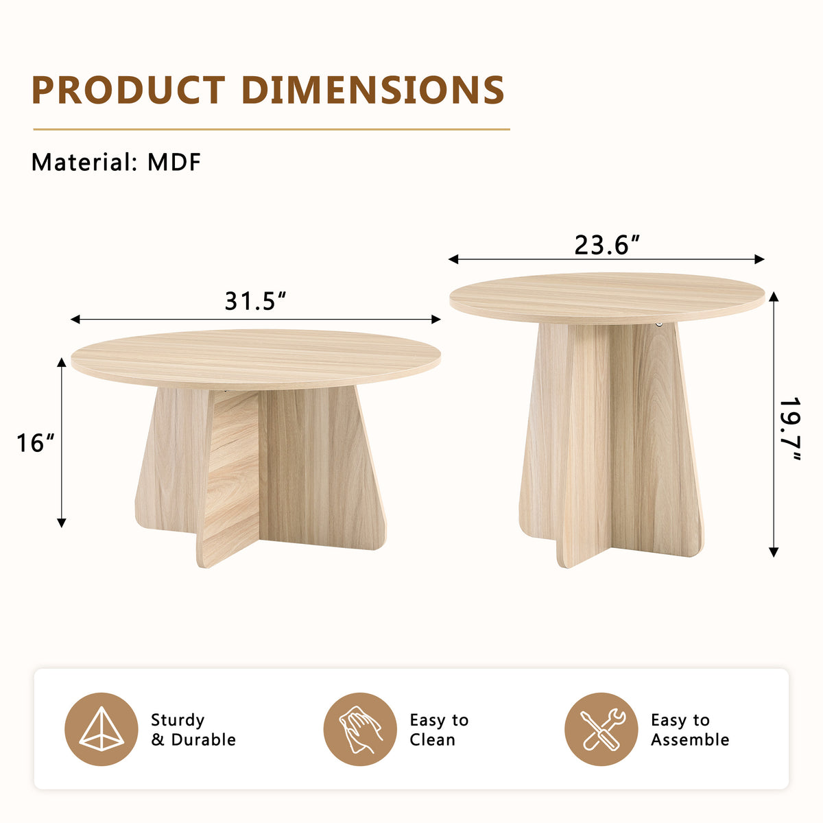 Retro-Style Nesting Coffee Table Set – Walnut or Natural Wood Finishes, Round Side Tables with Crisscross Legs