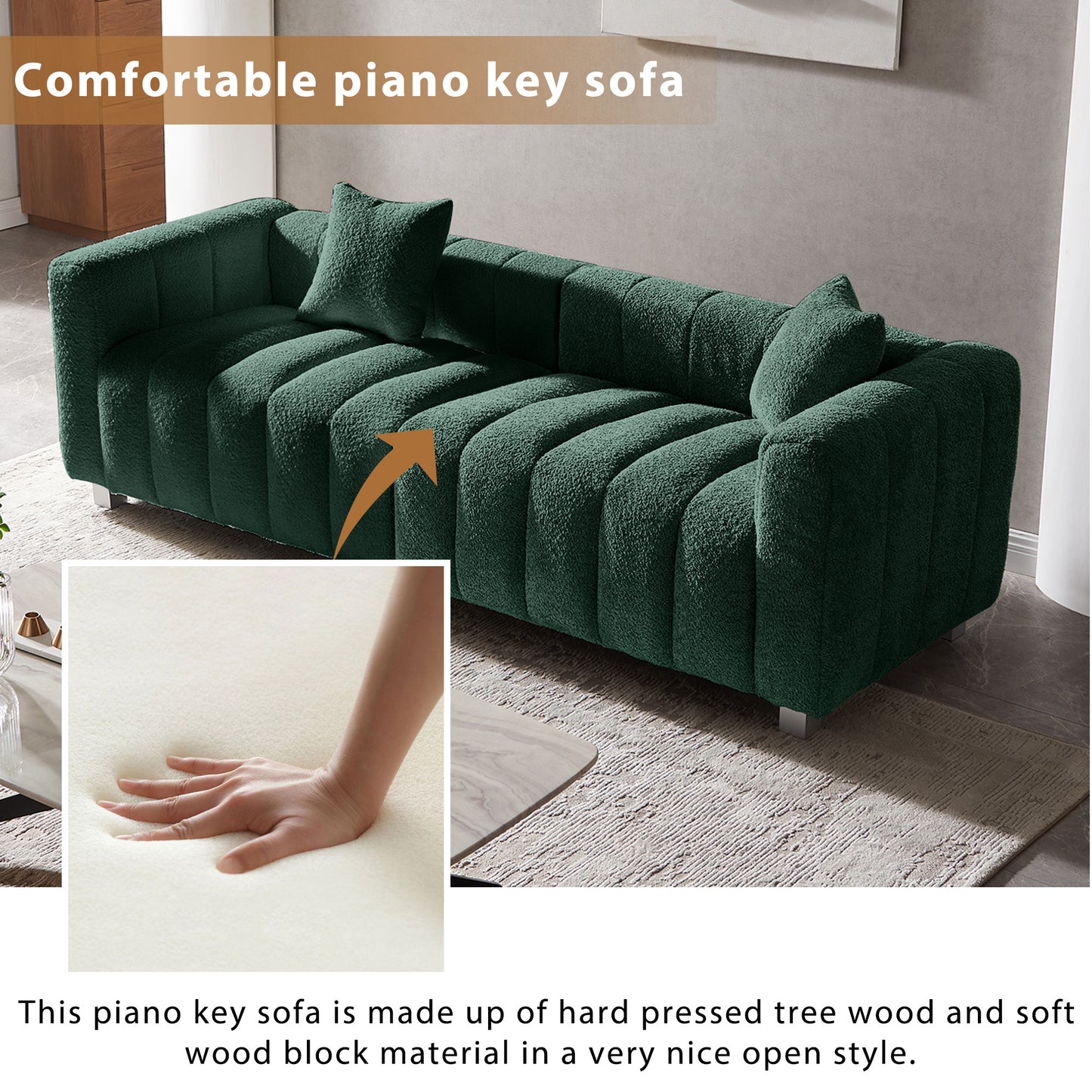 Premium Velvet Sofa 3-Seater Loveseat | Modern Bubble Upholstered Couch with Metal Base Legs + 2 Pillows – Modular Piano Design