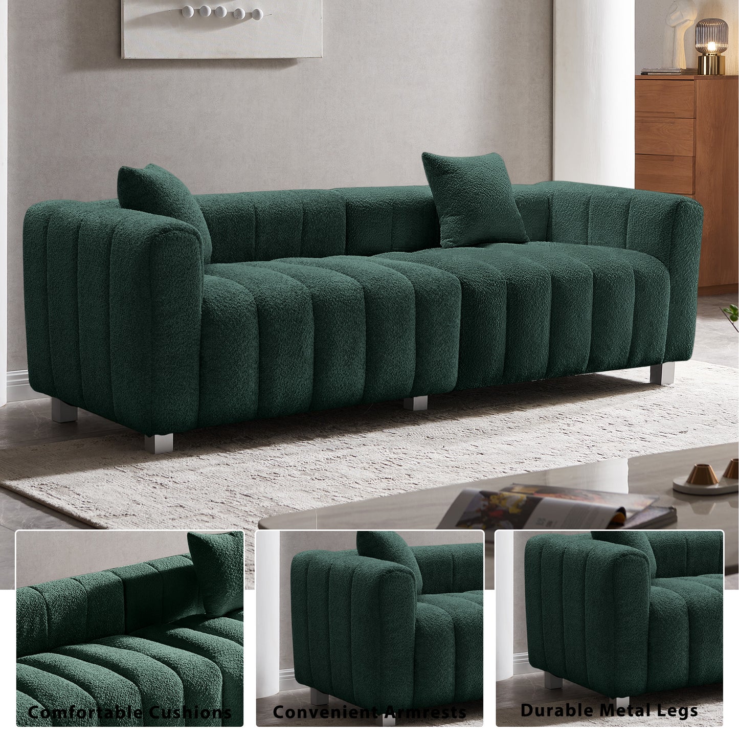 Premium Velvet Sofa 3-Seater Loveseat | Modern Bubble Upholstered Couch with Metal Base Legs + 2 Pillows – Modular Piano Design