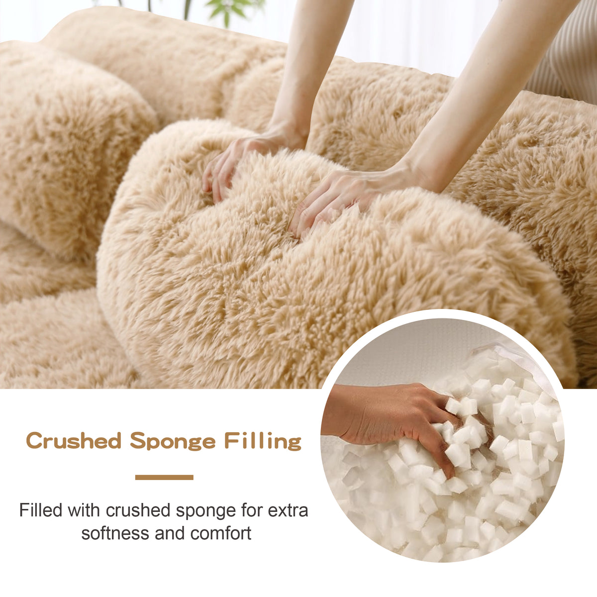2-4 Seat Soft  Fluffy Plush Boneless Sofa – Modular Sectional with Throw Pillows, 32D High-Density Sponge, No Assembly, Anti-Slip Buckle Connection