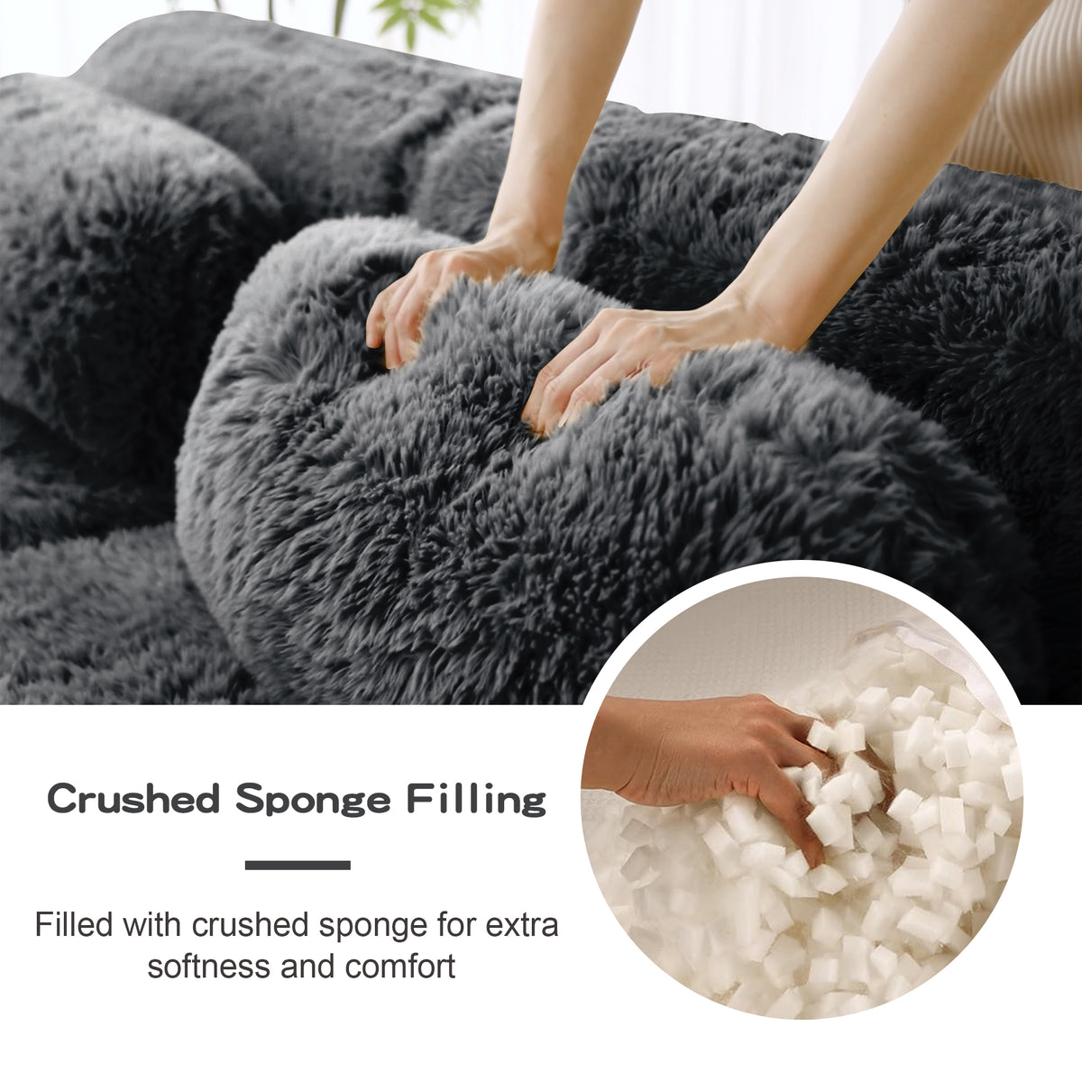 2-4 Seat Soft  Fluffy Plush Boneless Sofa – Modular Sectional with Throw Pillows, 32D High-Density Sponge, No Assembly, Anti-Slip Buckle Connection