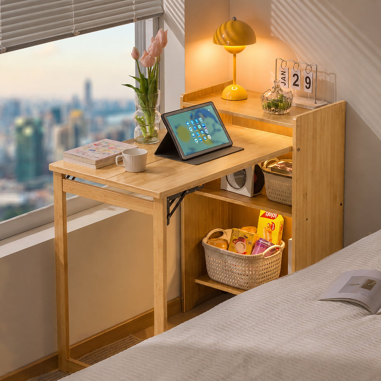 Foldable Desk Computer Desk with Hidden Storage for Small Space | Bamboo Folding Table – Natural/Walnut