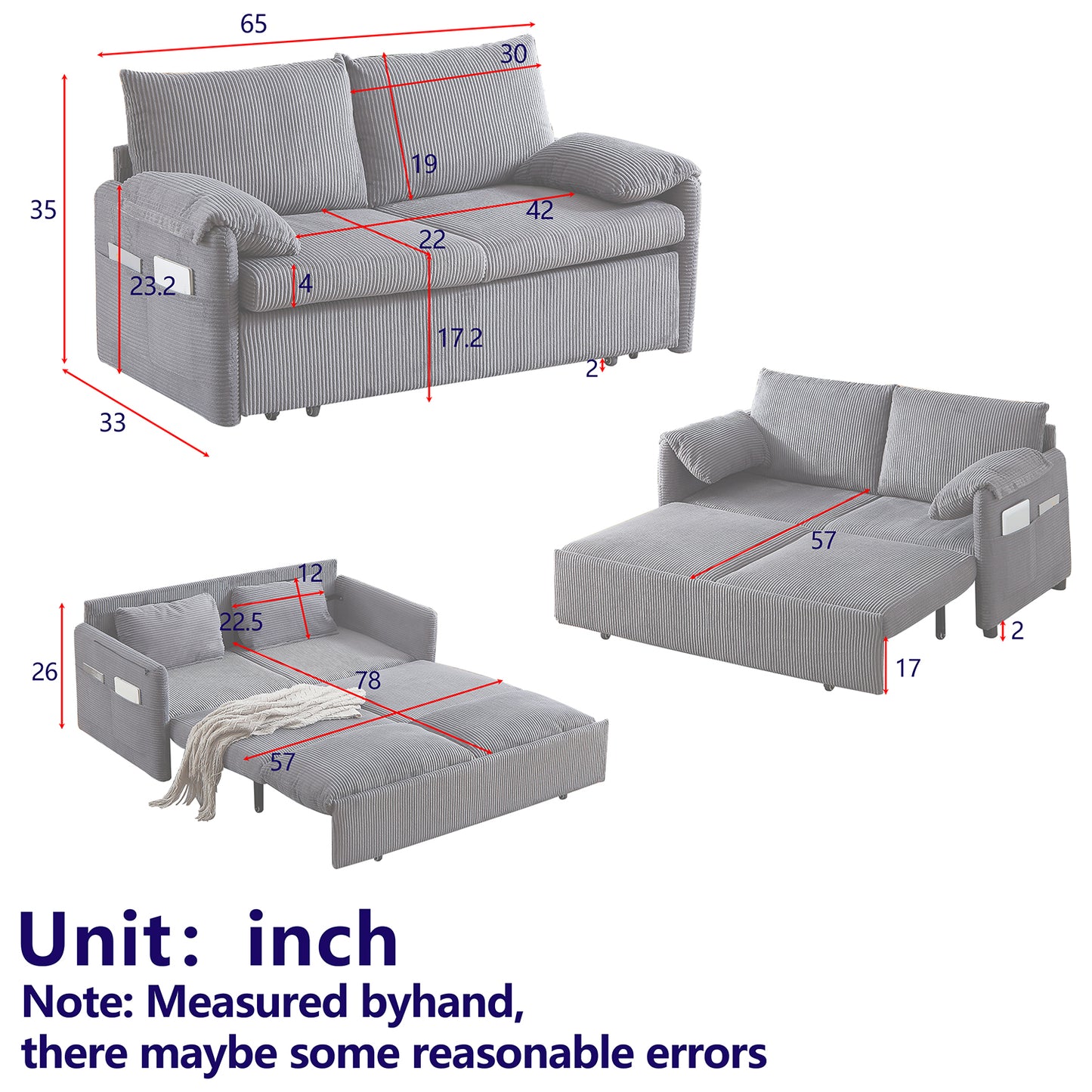 Sleeper Sofa Bed 3-in-1 Adjustable Sleeper with Pullout Bed, 2 Pillows and Side Pockets – Corduroy Loveseat