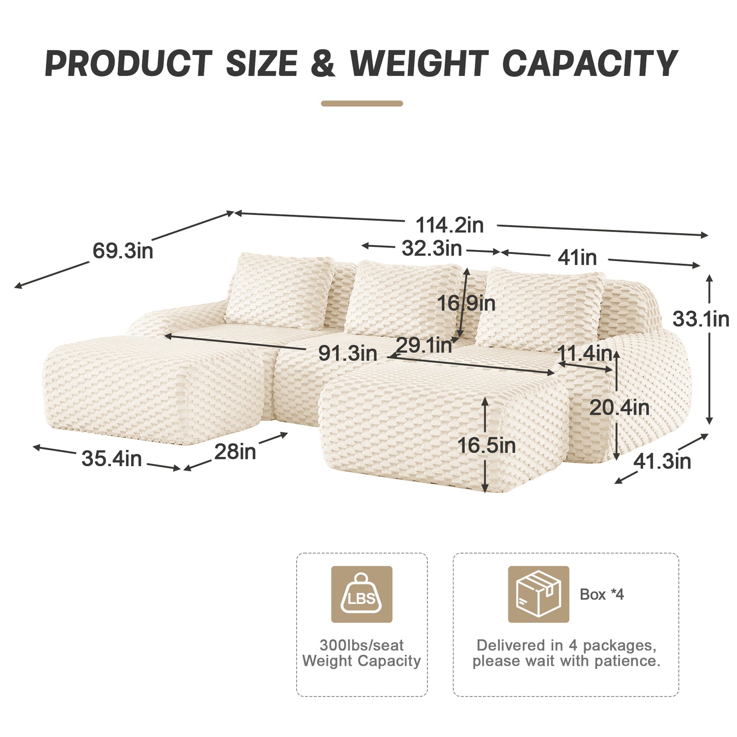 Modular Sectional Sofa for Living Room,Flannelette Fabric,Oversized 2-4 Seater Couch,Deep Seat,Boneless sofa