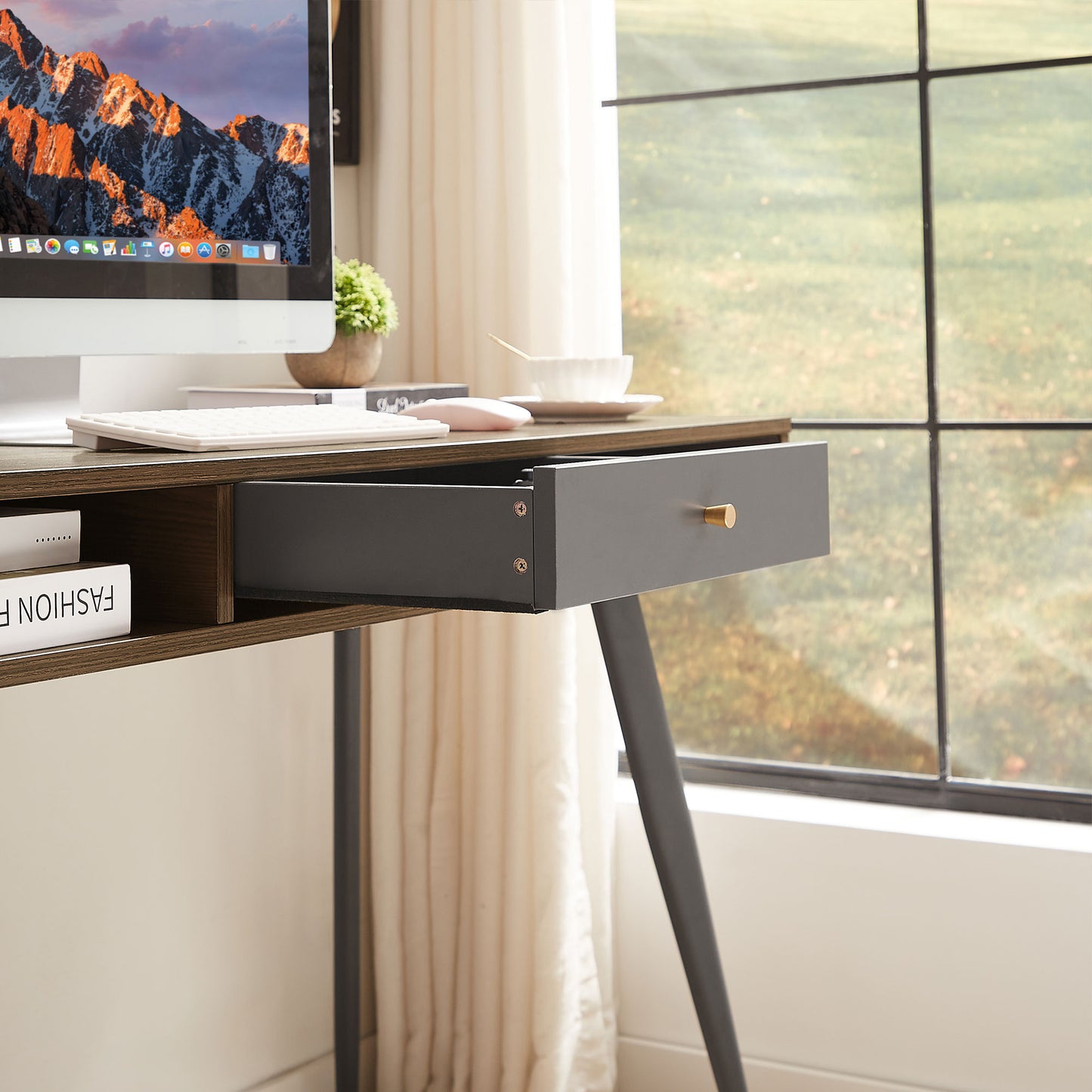 Mid - Century Modern Desk: USB Ports, Power Outlet, Drawers for Home Office