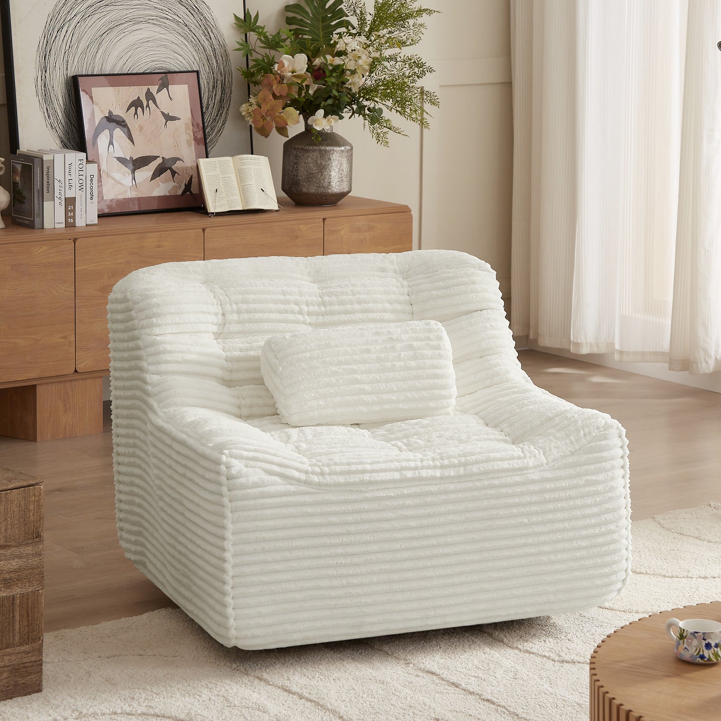 Swivel Glider Chair with switchable head pillow and waist pillow 360-degree rotatable single-person sofa chair