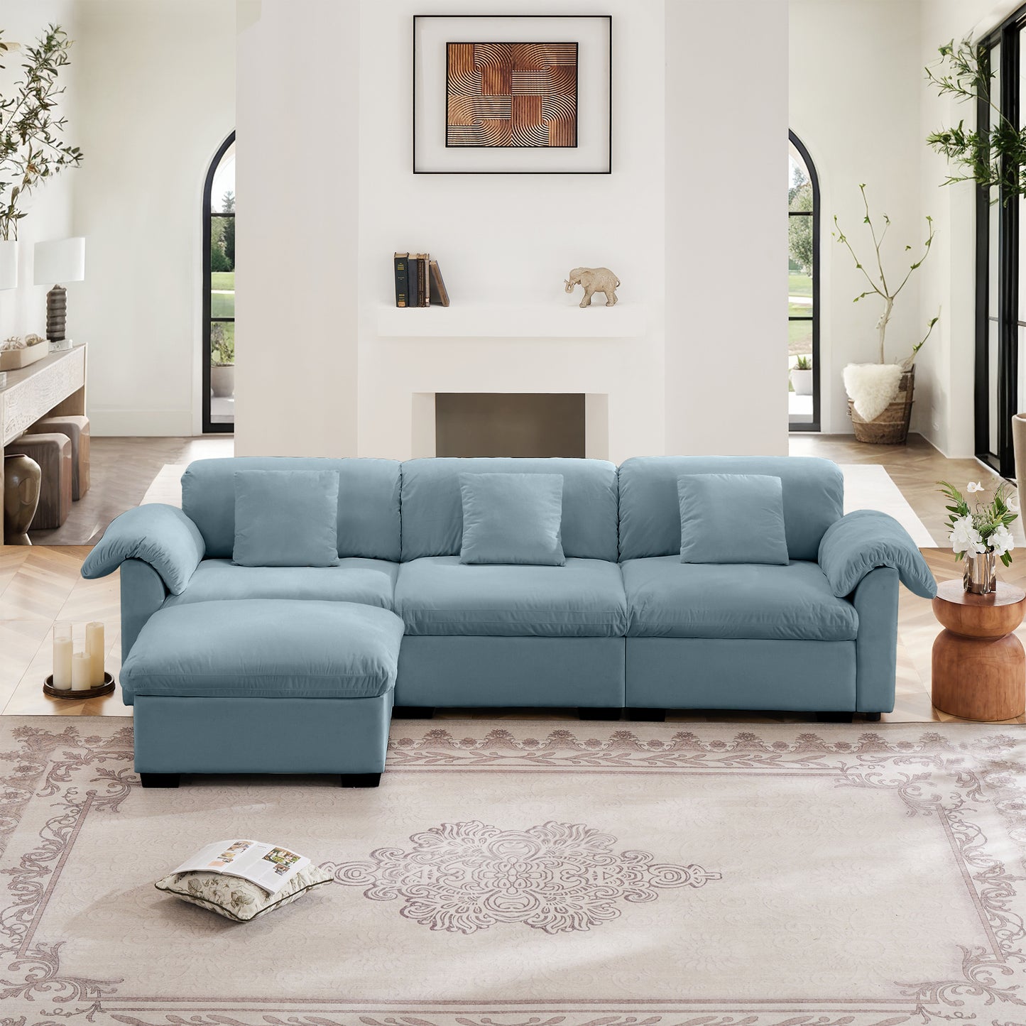 3 - 4 Seater Modular Sofa: U/L - Shape, Storage Ottomans, Velvet 2 Color