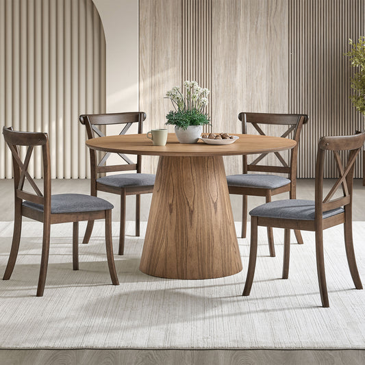 Modern Round MDF Wooden Dining Table and Boucle Upholstered Chair Ensemble