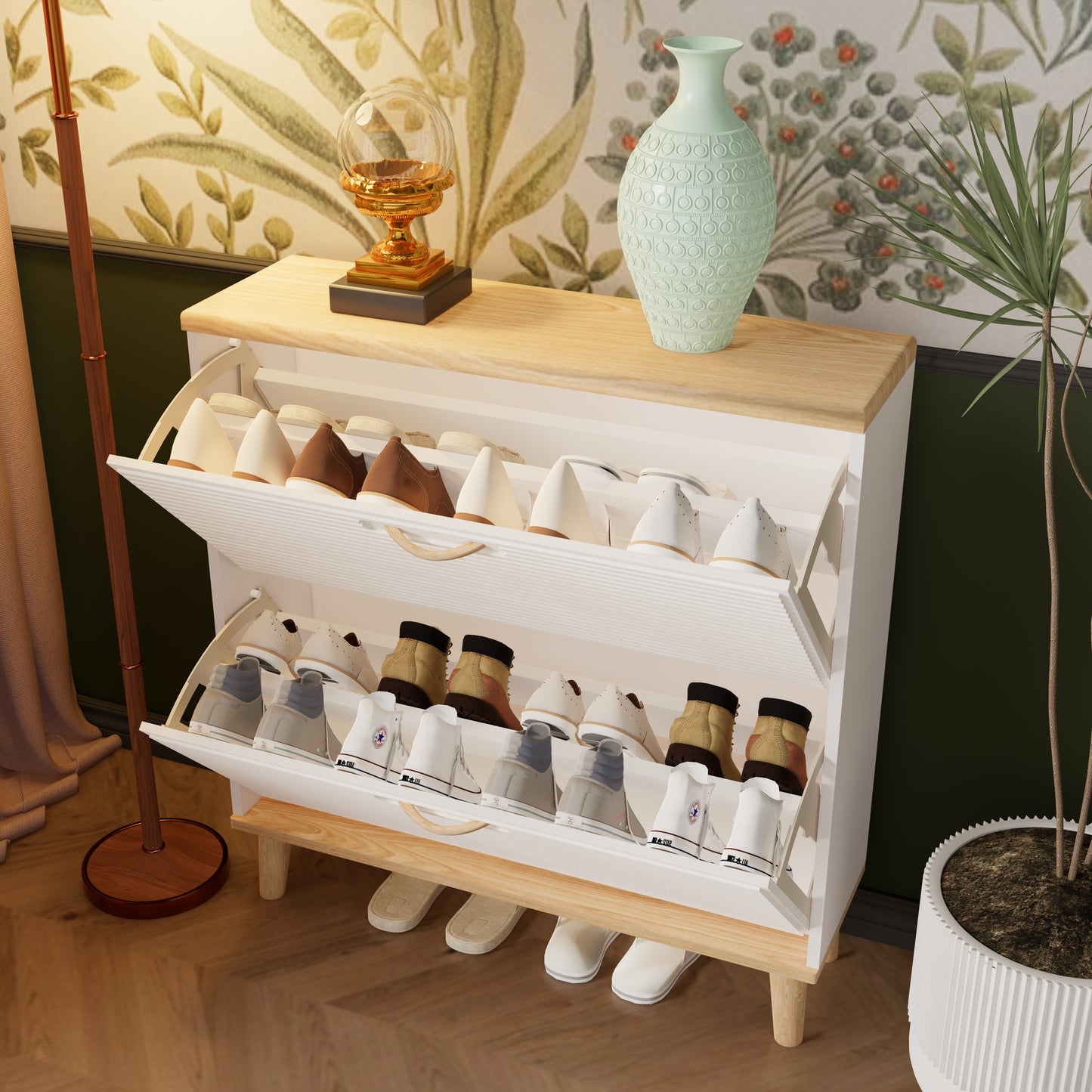 Entryway Shoe Storage: Narrow Cabinet with 2 Flip Drawers, Natural Wood Legs, Holds 8 - 16 Pairs