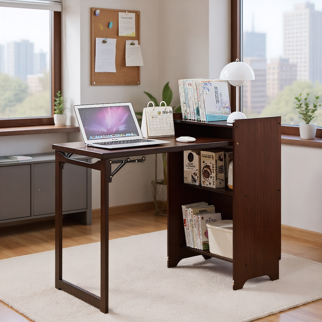 Foldable Desk Computer Desk with Hidden Storage for Small Space | Bamboo Folding Table – Natural/Walnut