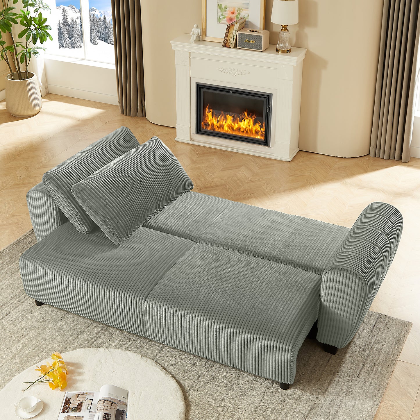 Corduroy Upholstered 3 Seat Sofa Couch,2-in-1 Convertible Sleeper Sofa