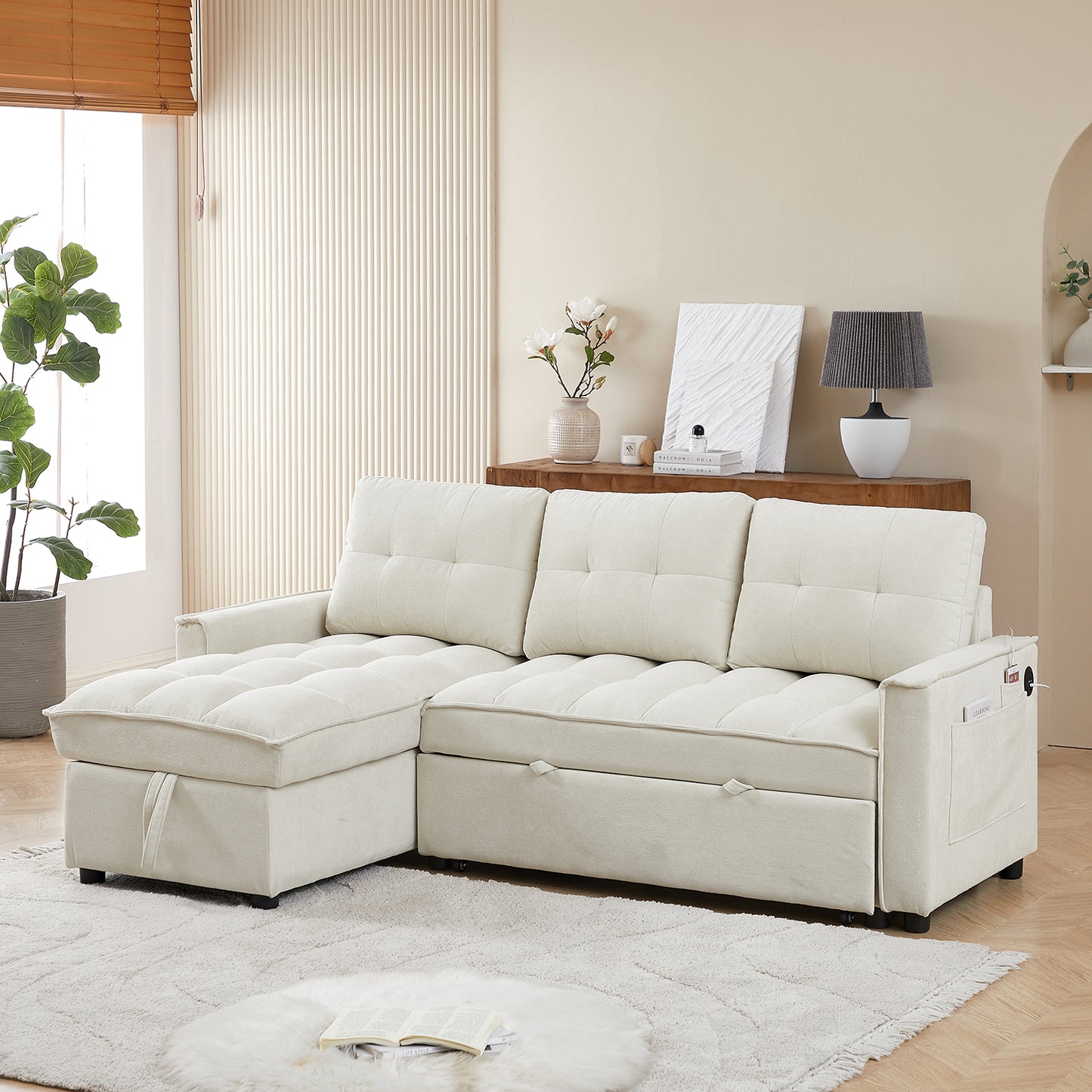 Pull-Out Sofa Bed with USB and tape-c charging ports, L-Shaped Sectional Sofa with Reclining Storage and Arm Side Organizer Pocket Features