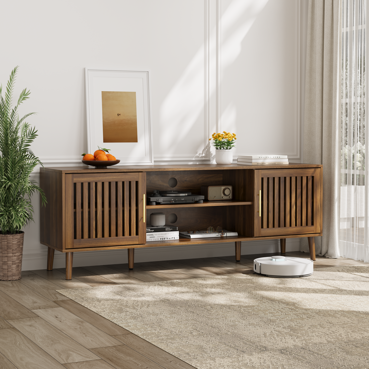 63 - Inch TV Stand with 2 Grille Door Cabinets and Adjustable Storage Rack - Ideal for 55/65/70 - Inch TVs in Medieval Modern Interiors - Walnut Wood Entertainment Center