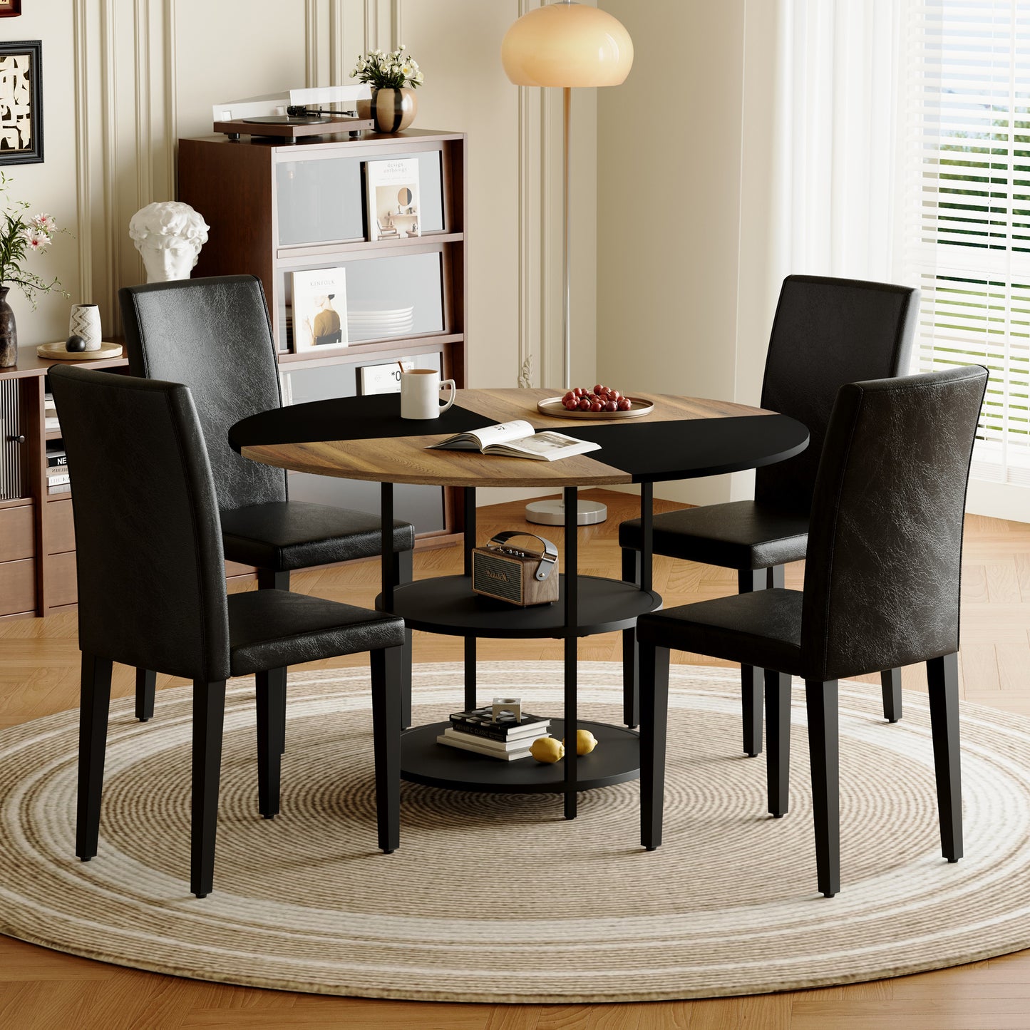 47.3 - Inch Spliced - Color Circular Dining Table Set: 4-6 Black PU Chairs, Double - Layer Storage