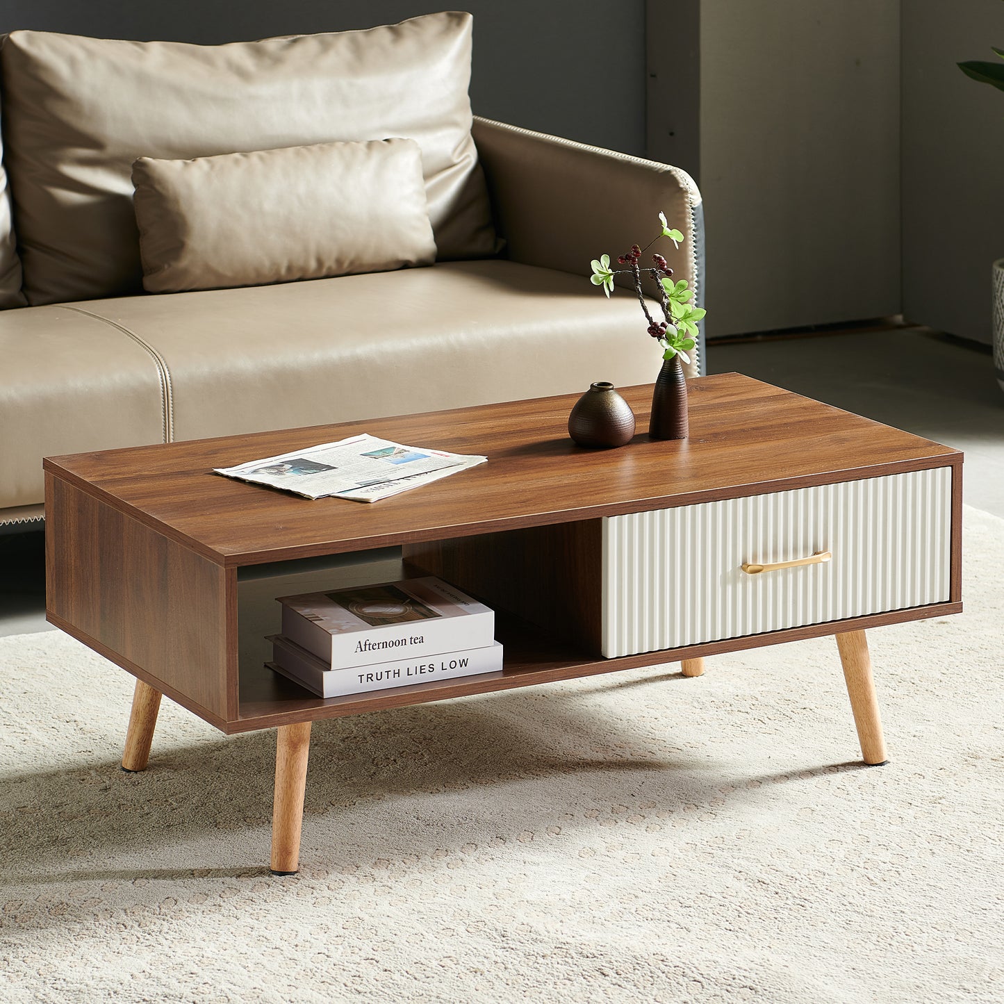 Coffee Table with Sliding Drawer: Rectangle Design, Solid Wood Legs-6 Colors