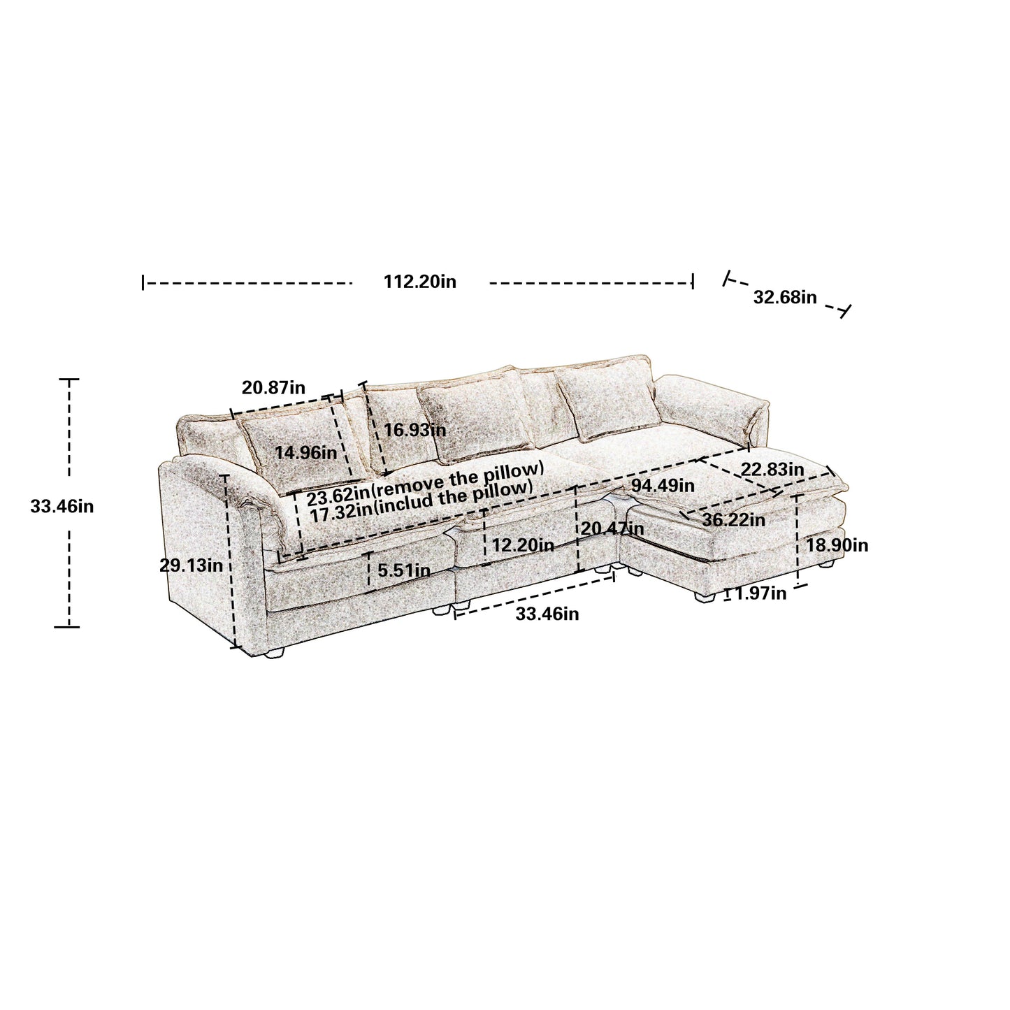 L-Shape Sectional Chenille fabric, movable pedals, detachable armrests, oversized three-seat Sofa