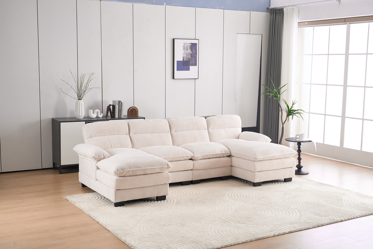 U - Shaped Corduroy Modular Sofa: 2 Single Seats + 2 Chaises for Spacious Comfort Beige