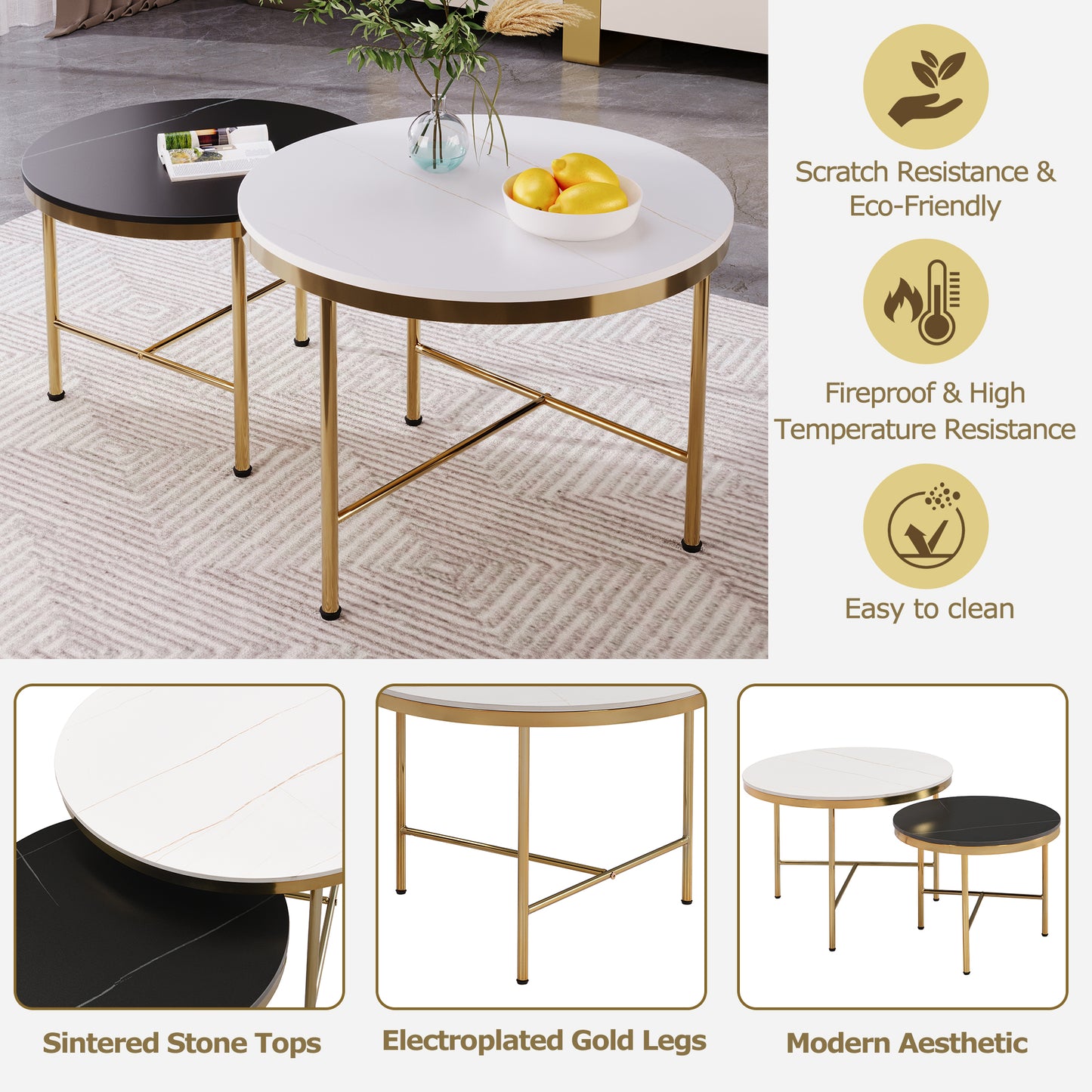 Black & White Sintered Stone Top Coffee Tables: Modern, Gold - Based Nesting Set