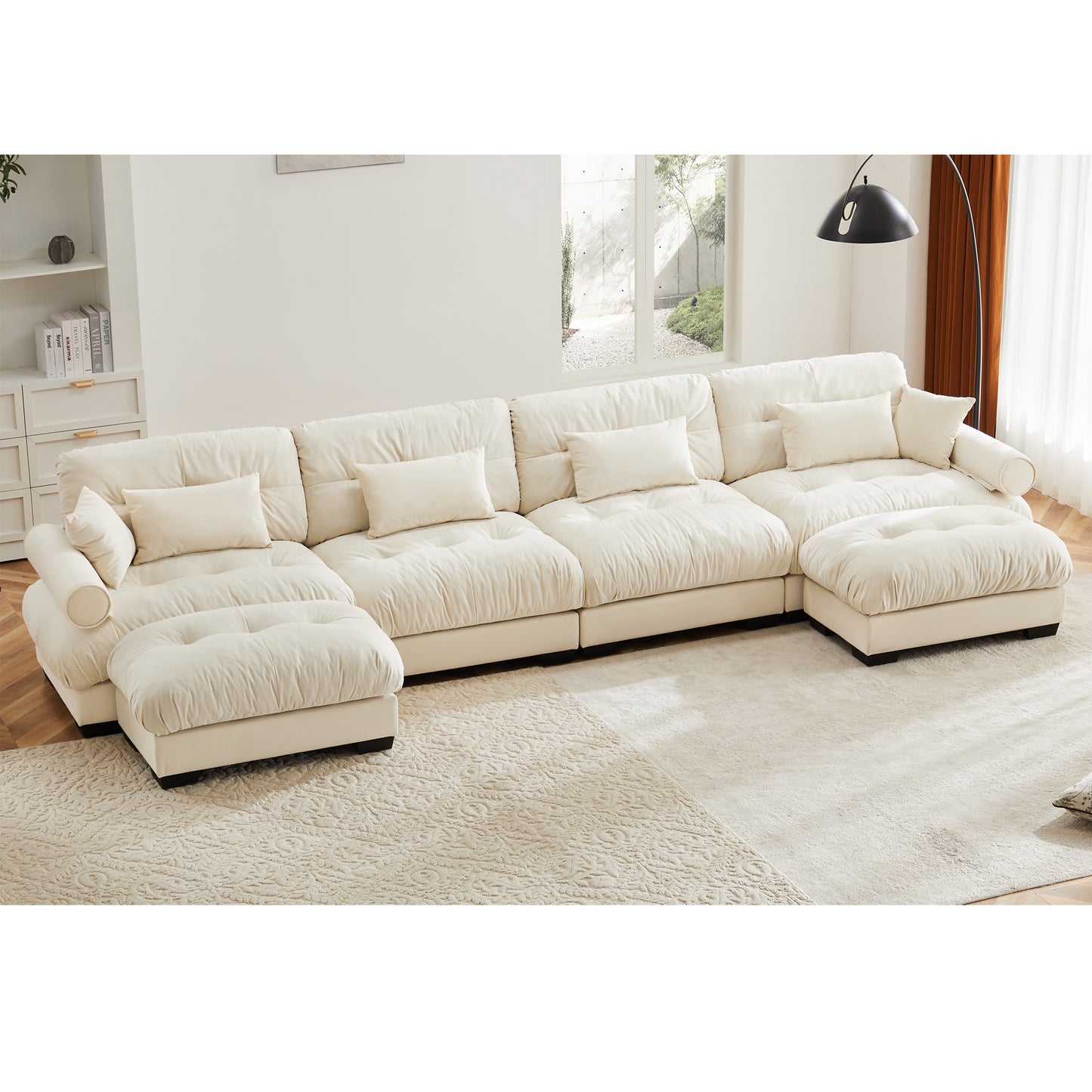 Deep Seat Cloud Couch in Cream: Modular Velvet Sectional with Bolstered Armrests 2-3-4 seats