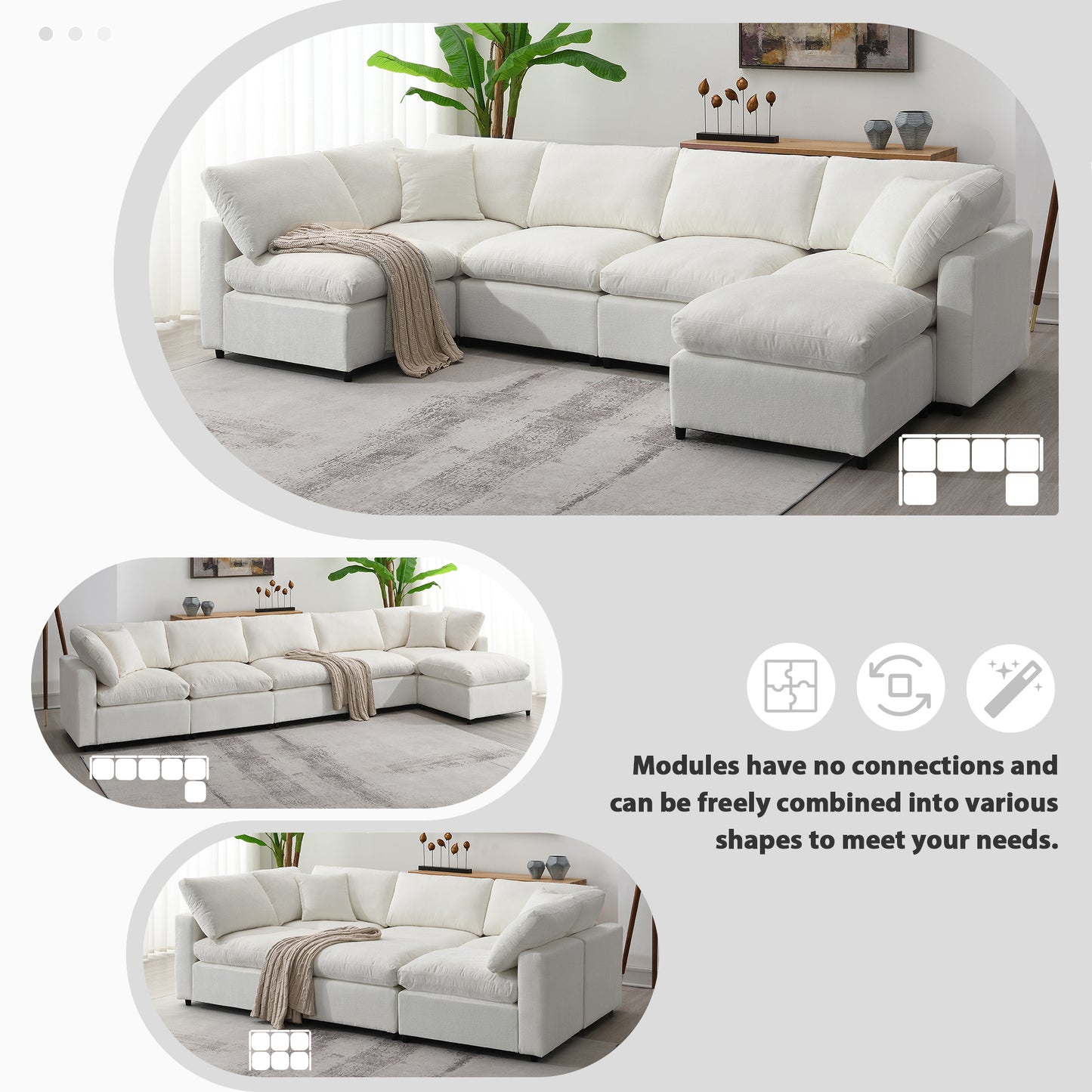130" Modern Modular Cloud Sofa Bed: 6 - Seat Chenille Sectional with Ottoman, Free - Combo, U - Shaped Sleeper for Living Room