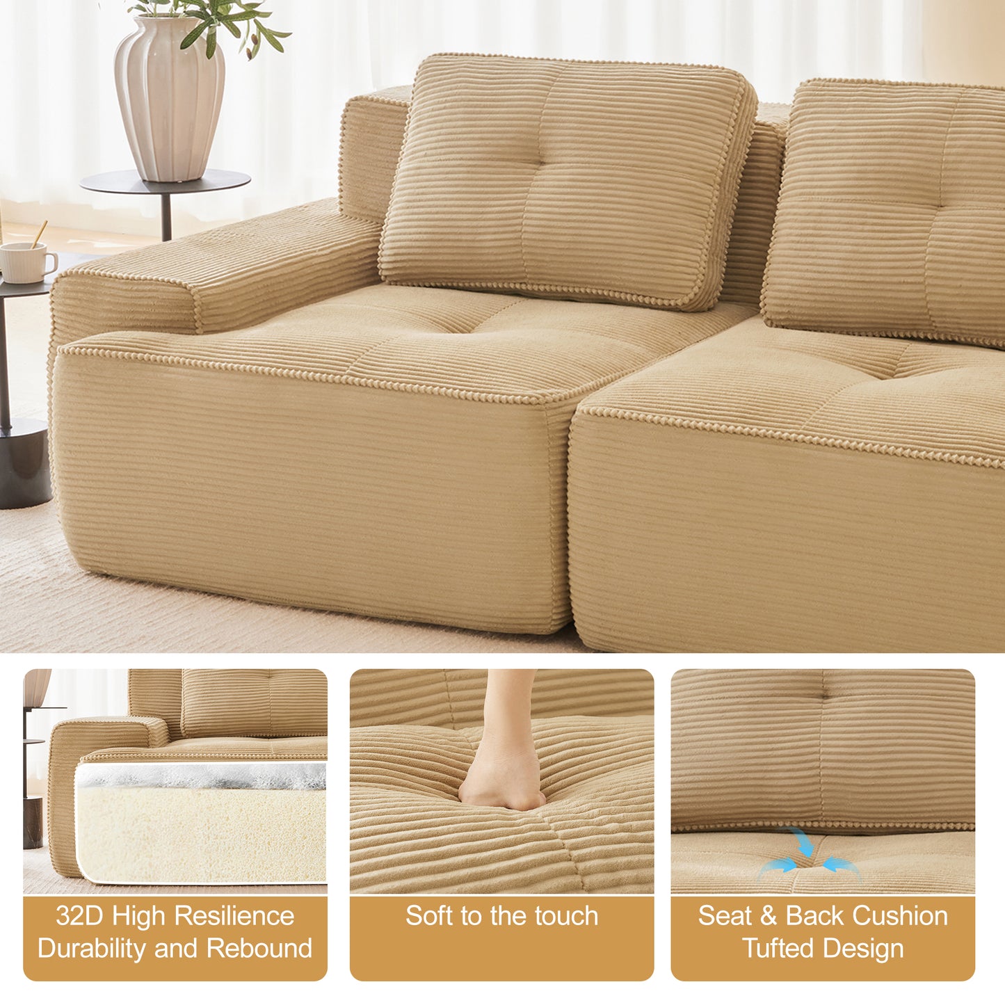 Modular Sectional Sofa for Living Room, Corduroy Fabric Deep Seat and Movable Ottoman, Pearl-like piping, Tufted Design, No Assembly
