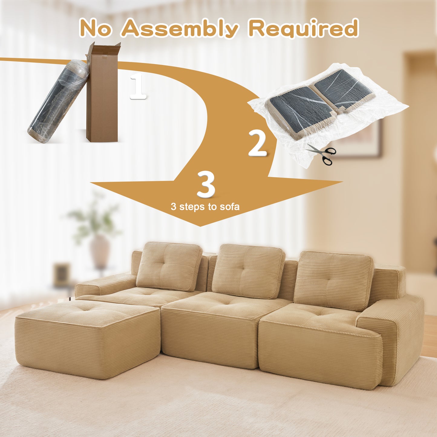 Modular Sectional Sofa for Living Room, Corduroy Fabric Deep Seat and Movable Ottoman, Pearl-like piping, Tufted Design, No Assembly