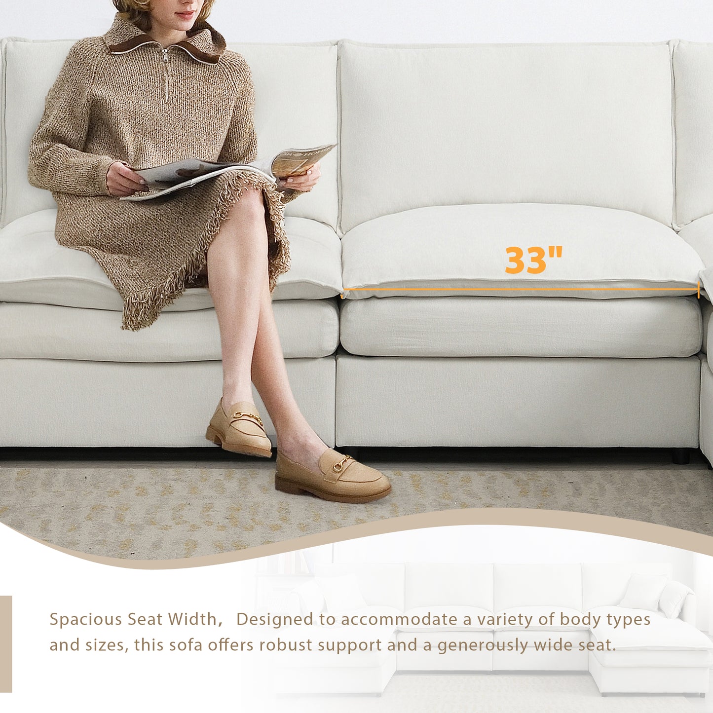 134" Chenille Modular U - Shaped Sectional: Double - Cushioned Cloud Couch, 6 - Seat Sleeper with Ottomans for Living Room