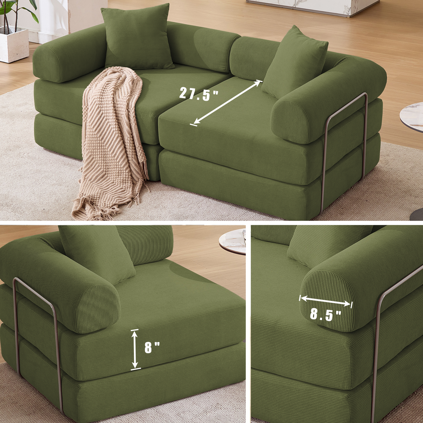 Modular Couch Sofa Bed for Apartment | Convertible Sofa Bed, Fixed-Shape Frame & Removable Armrests – No Assembly, Folding Mattress Couch for Small Spaces