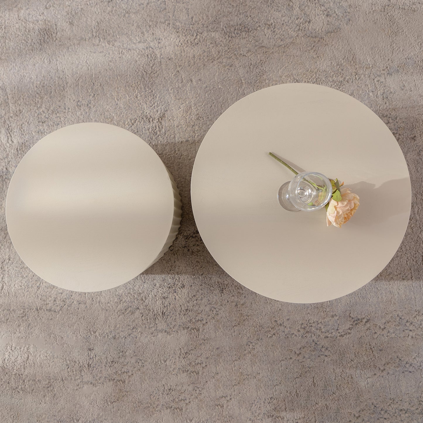 Set of 2 Beige Nesting Coffee Tables: Modern Drum - Shaped for Living Room