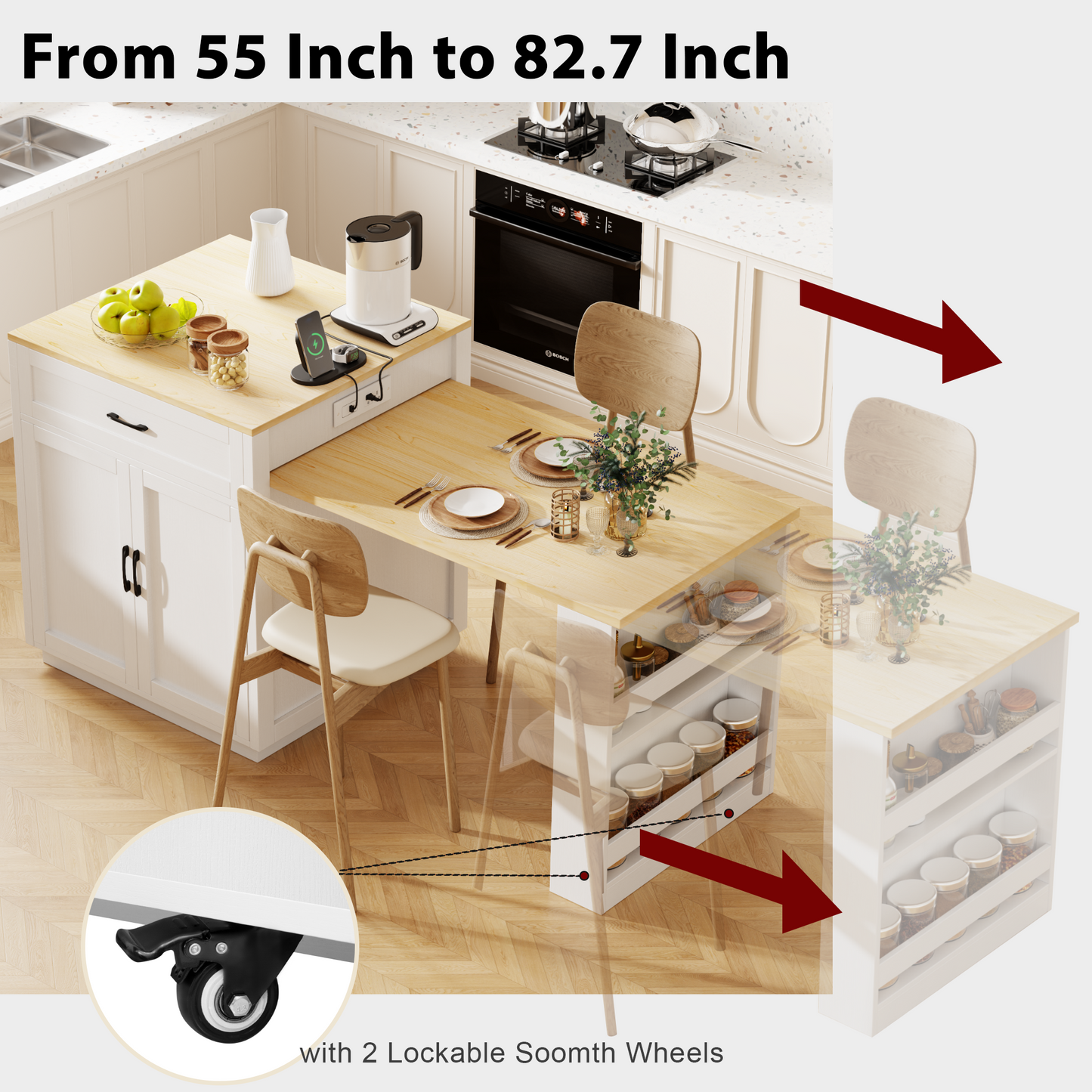 82.7 - inch Kitchen Island: Extendable Table for 4 - 6, Double - sized Storage & Power Outlet