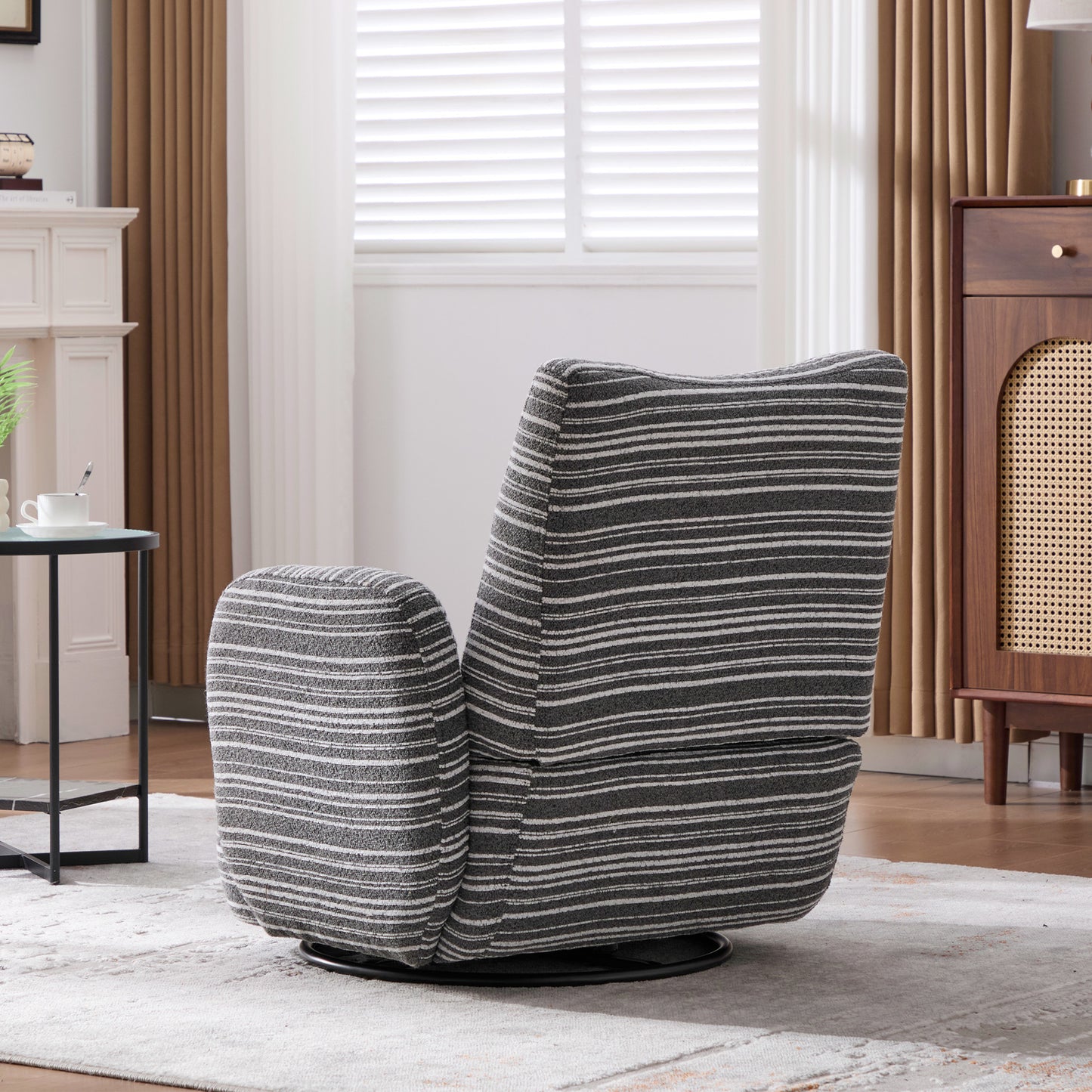 Swivel Leisure Chair | Fabric Striped Armrest Swivel Chair with Sand-Rimmed Fabric Metal Bracket – Boucle