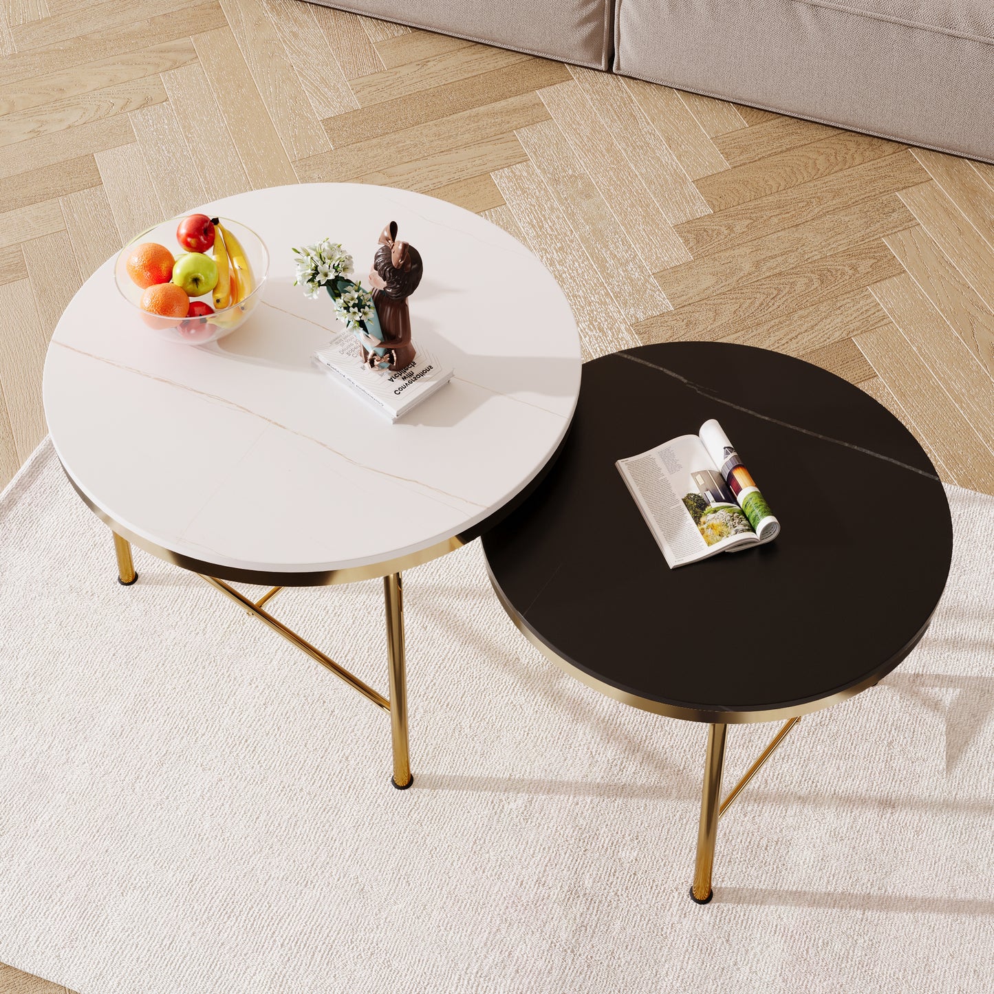 Black & White Sintered Stone Top Coffee Tables: Modern, Gold - Based Nesting Set