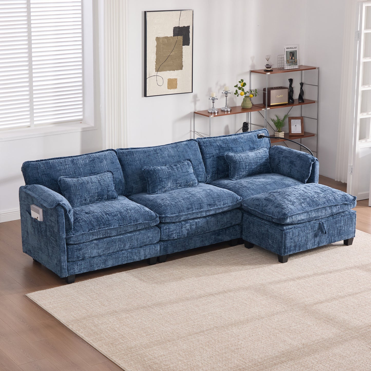 Modern Chenille L Shaped Couch, Comfy Boucle Modular Sofa Sleeper with Movable Storage Ottoman, Phone Holder, USB Charging Port