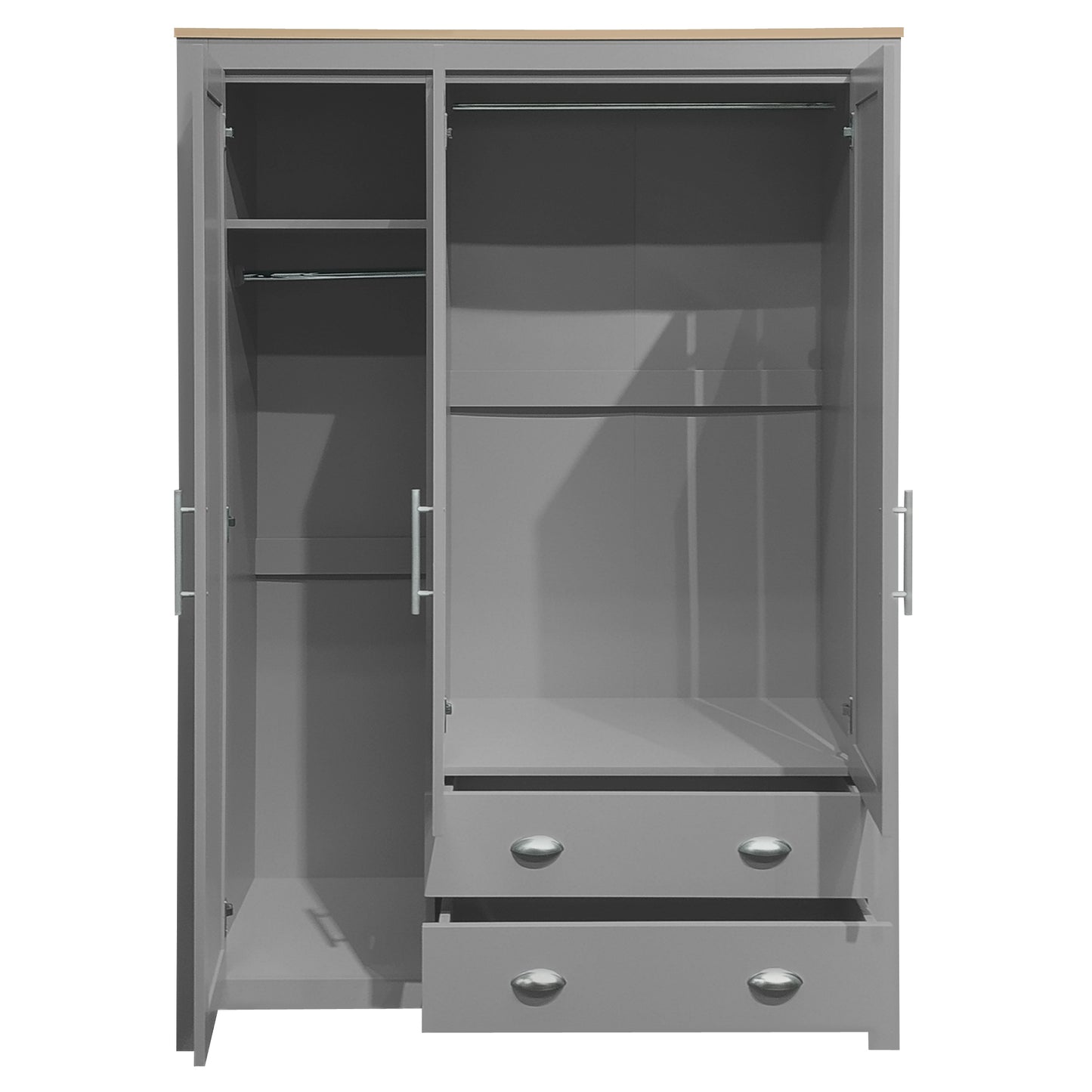 3 - Door Gray Storage Wardrobe: 2 Drawers, 2 Hanging Rods for Organized Storage