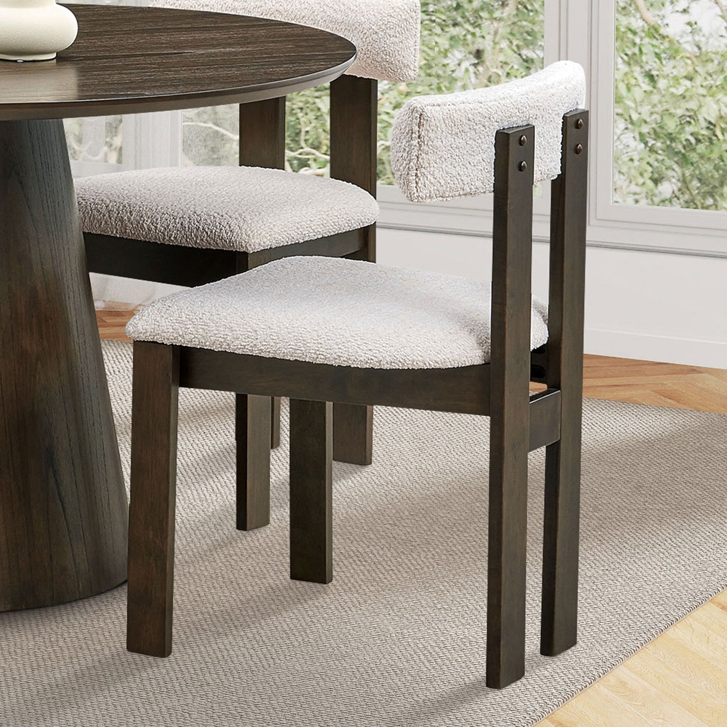Modern Round MDF Wooden Dining Table and Boucle Upholstered Chair Ensemble