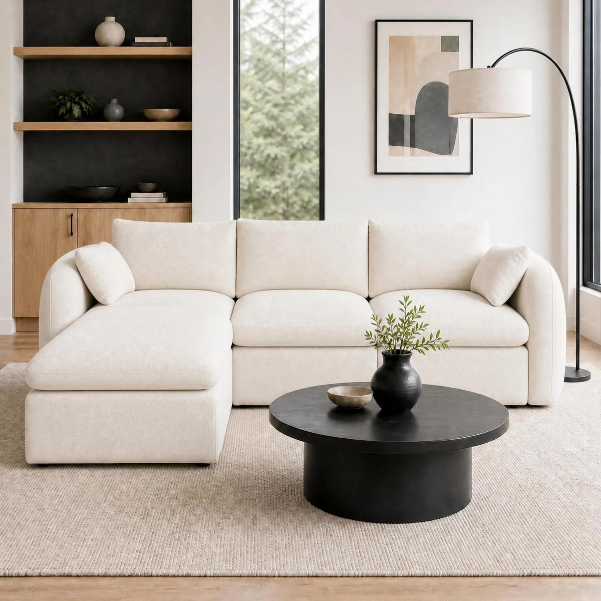 Fully Sponge Compressed Sectional Sofa – High Resilience Foam, White Chenille, Modular Loveseat/ L-Shaped Sofa