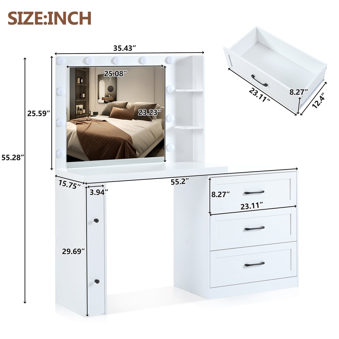 Makeup Vanity with Hollywood Lights: 5 Storage Drawers, 2 - Shelves, Freely Adjustable Side Cabine