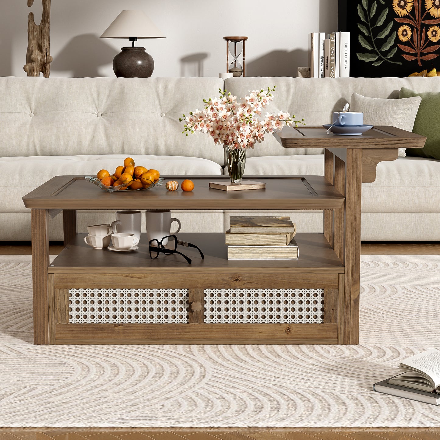 Modern Living Room Coffee Table: 1 Storage Shelf, 2 Tabletops & Rattan Drawer