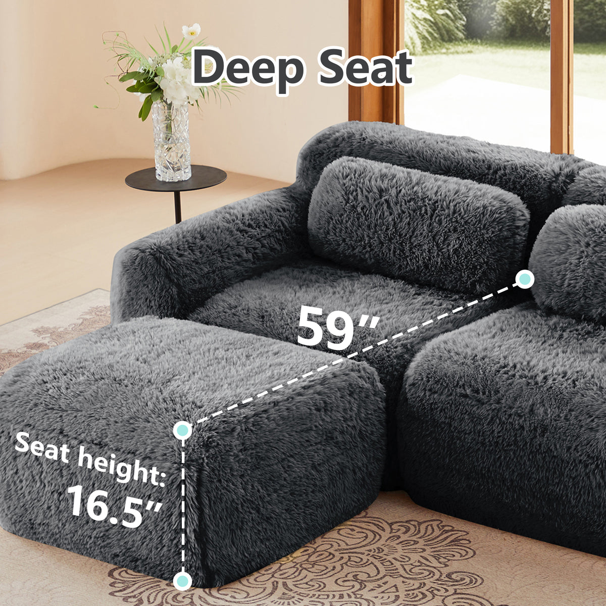 2-4 Seat Soft  Fluffy Plush Boneless Sofa – Modular Sectional with Throw Pillows, 32D High-Density Sponge, No Assembly, Anti-Slip Buckle Connection