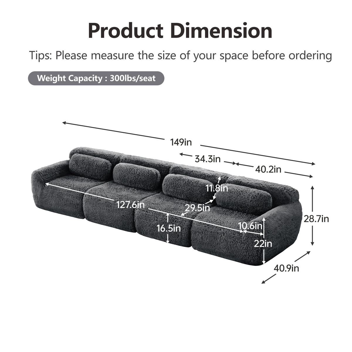 2-4 Seat Soft  Fluffy Plush Boneless Sofa – Modular Sectional with Throw Pillows, 32D High-Density Sponge, No Assembly, Anti-Slip Buckle Connection