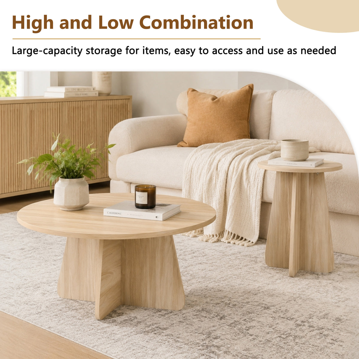 Retro-Style Nesting Coffee Table Set – Walnut or Natural Wood Finishes, Round Side Tables with Crisscross Legs